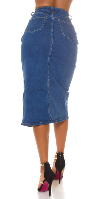 Hoge taille denim-spijkerstof midi rok met split blauw